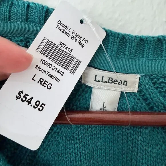 L.L. Bean Women's Size Large Teal V Neck Cable Knit Pullover Sweater Brand New - Picture 6 of 10